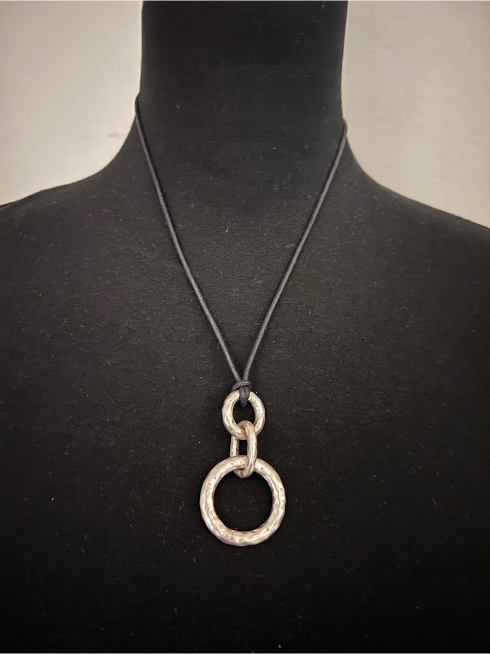 Lia Sophia Silver-Tone Textured Linked Ring Pendant on Black Cord